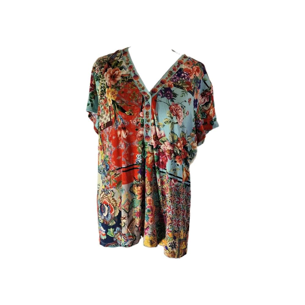 Johnny Was Otti Button Neck Tee Sz L Floral Patchwork Boho Bamboo Viscose